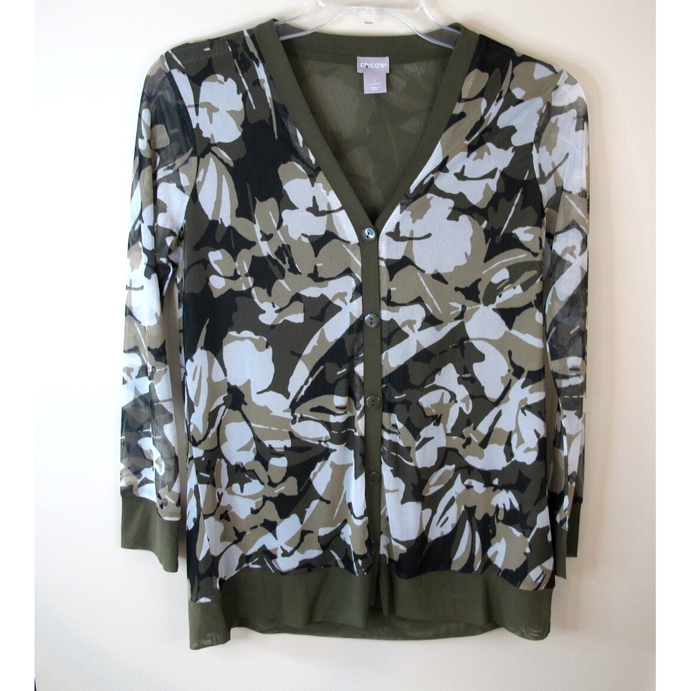 Chicos Green Floral Sheer Mesh Cardigan Button Up V-Neck Top Blouse Women's Sz 1